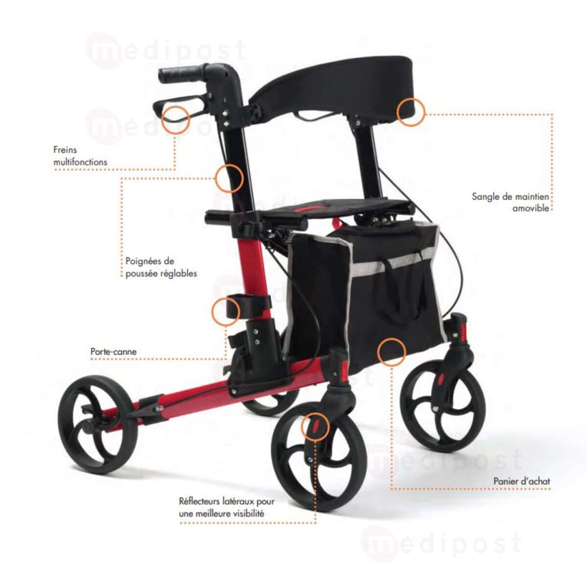 Rollator 4 roues QUAVA rouge M06