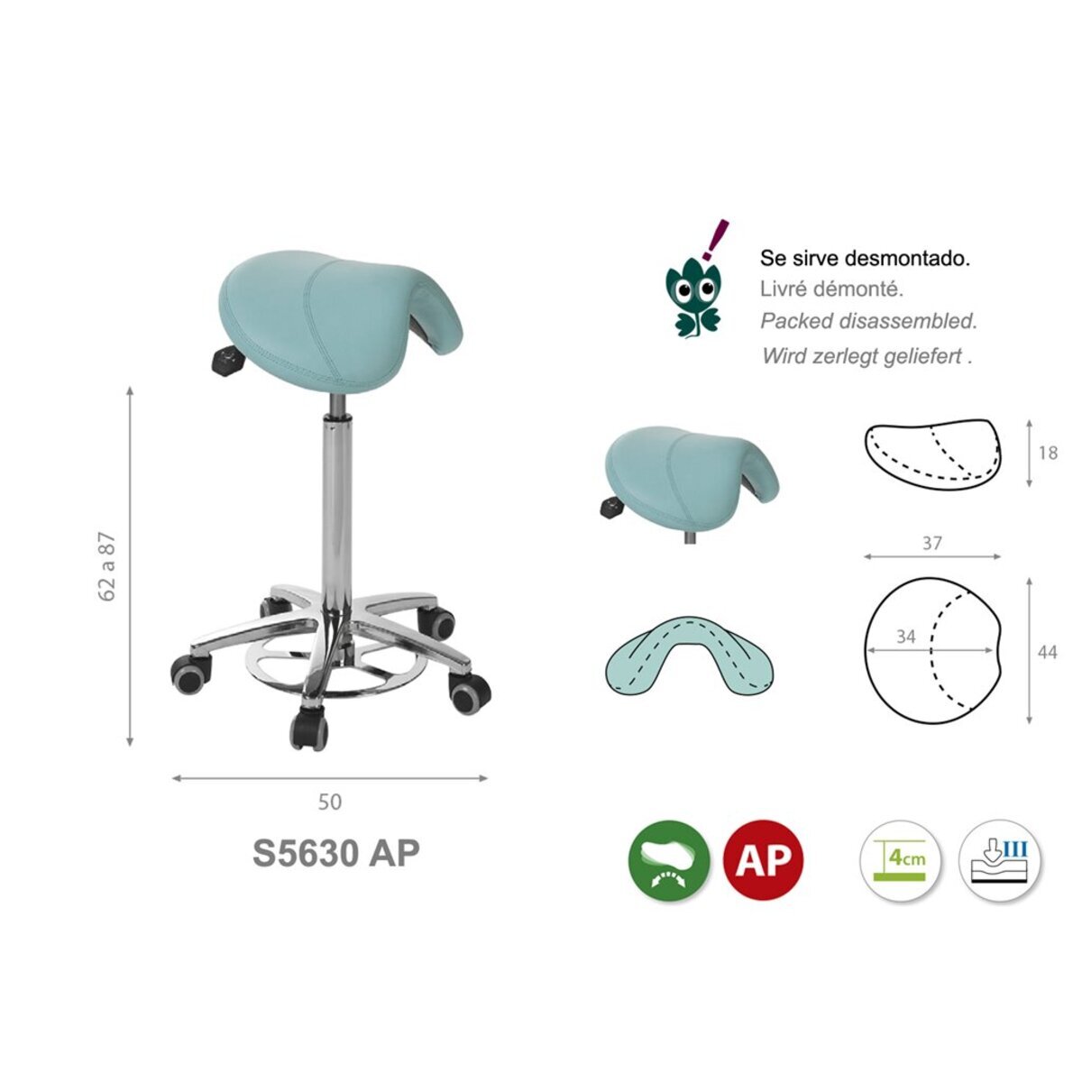 S5630AP30 Tabouret pony Ecopostural base aluminium avec declenchement au pied M02