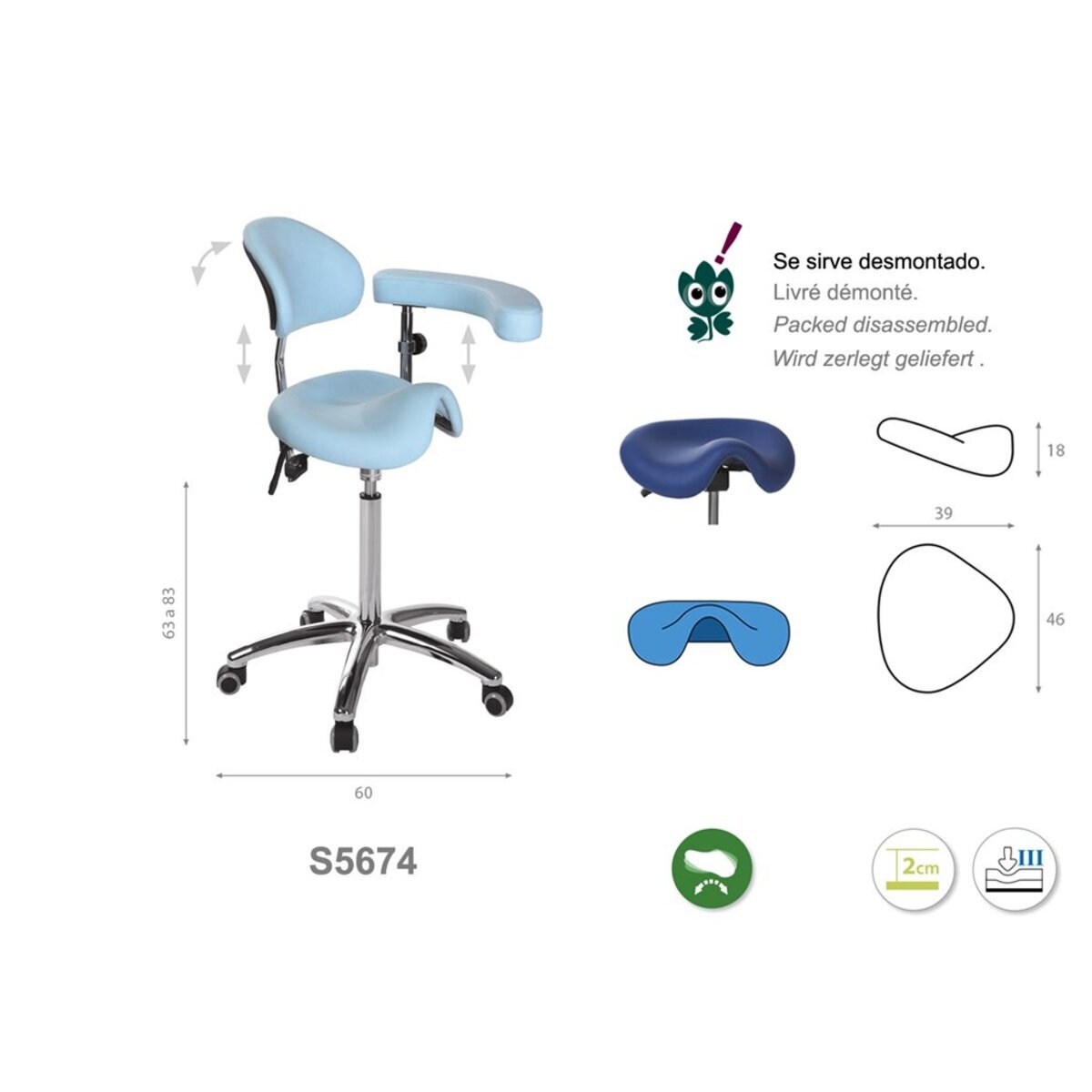 S567430 Tabouret derby Ecopostural base aluminium avec dossier et accoudoir mult M02