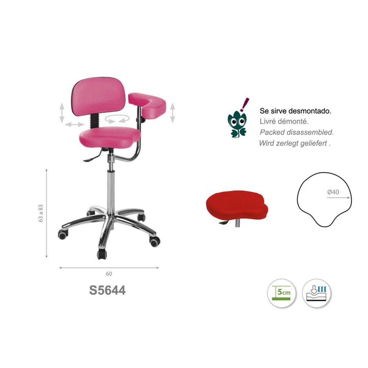 S564430 Tabouret bicyclette Ecopostural base aluminium avec dossier et accoudoir M02