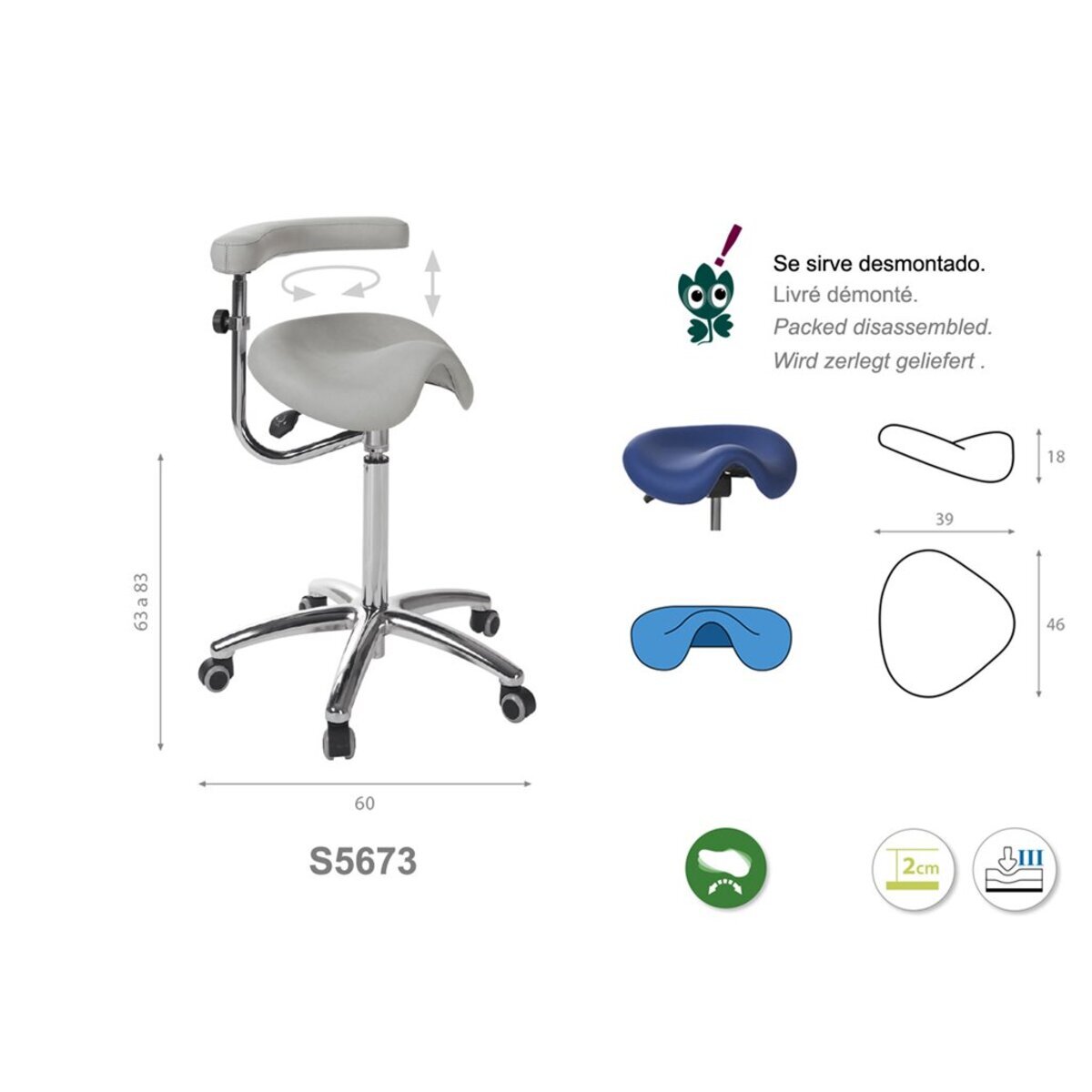 S567330 Tabouret derby Ecopostural base aluminium avec accoudoir multifonction M02