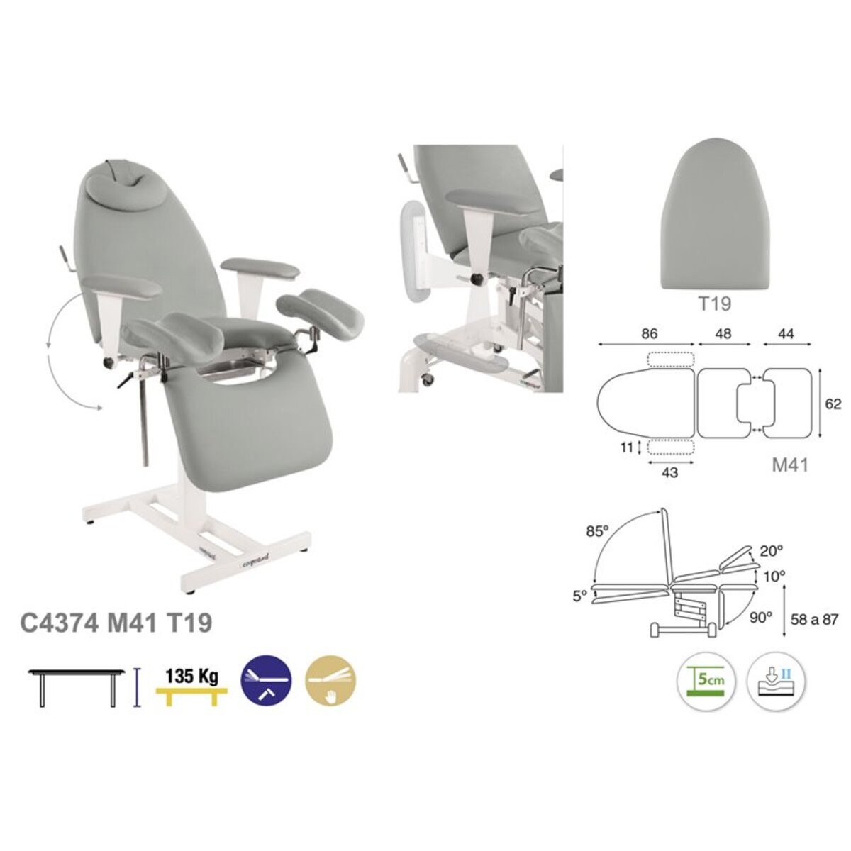 Fauteuil gynecologique fixe en metal blanc T19 62x182 M04