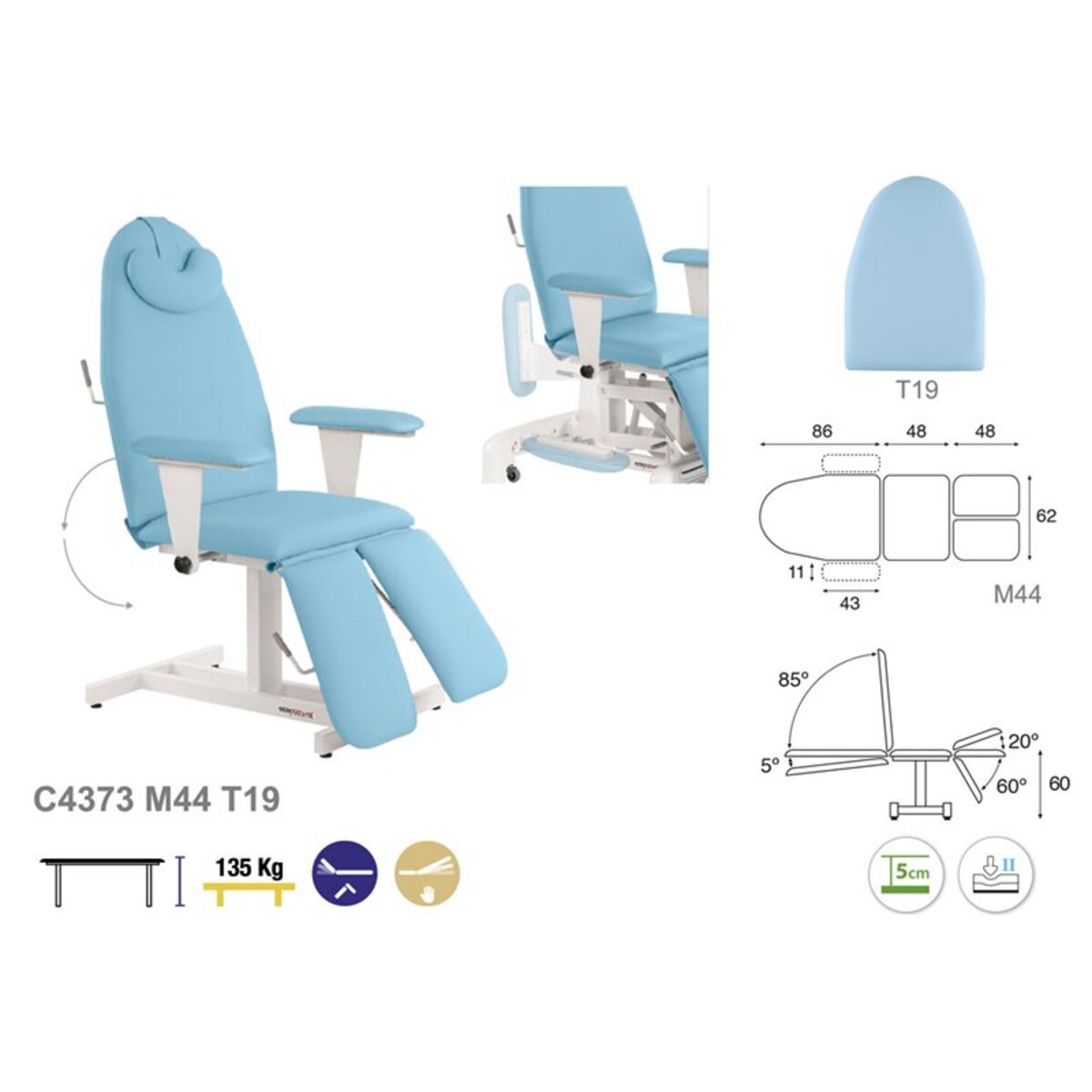 ASCC67F Fauteuil de pedicure fixe en metal blanc T19 62x188 serie C67 M04