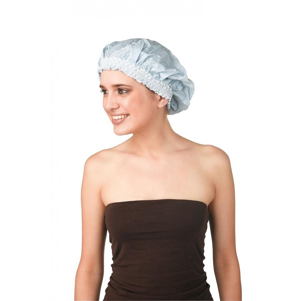 Bonnet de douche plastique à large frise bleu