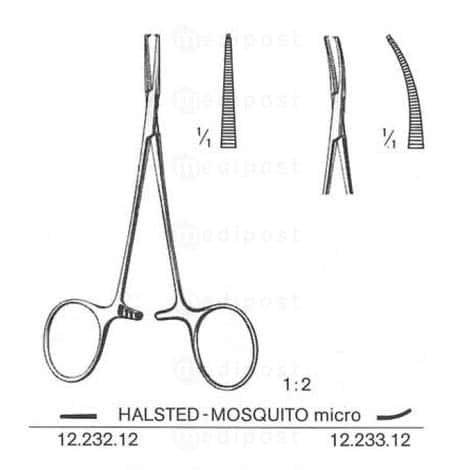 Hemostastische muskaatpince Halsted MICRO gebogen 1x2 tanden 12,5cm