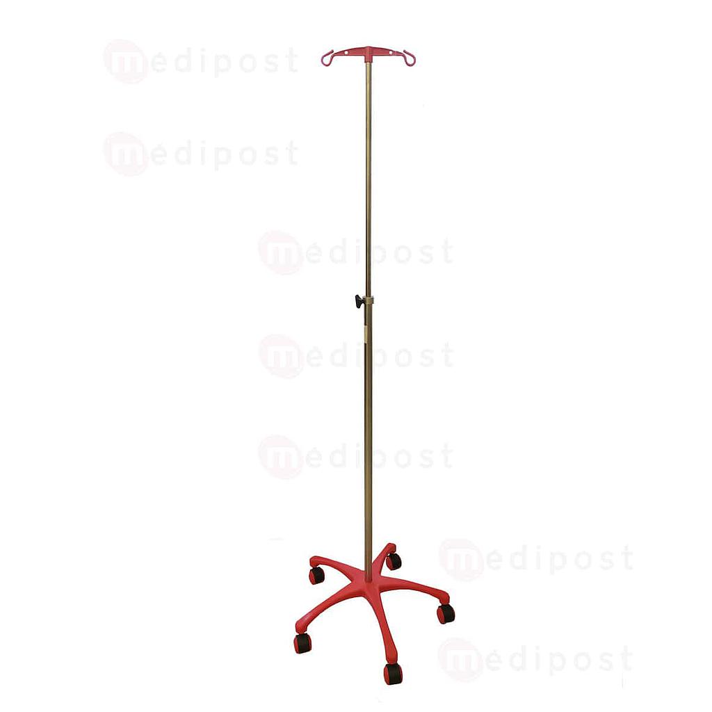 Pied porte serum 5 roulettes 2 crochets ROUGE