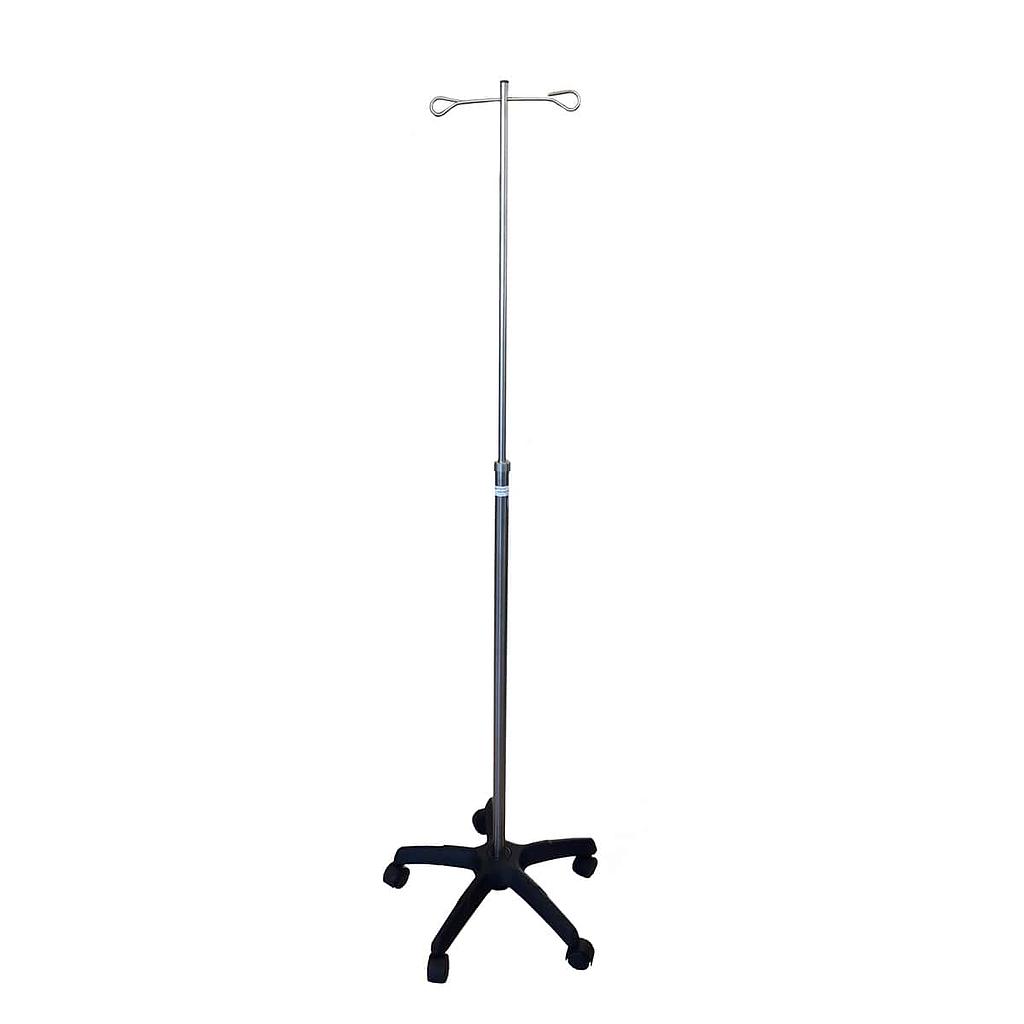 Pied porte serum piètement nylon 5 roues, 2 crochets inox