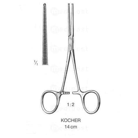 Kocher hemostatische tang, recht, standaard kwaliteit