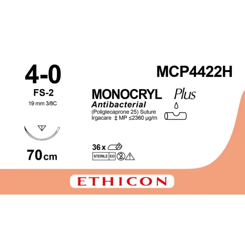 Fil de suture Monocryl 1.5 - 4/0, aiguille FS-2 19mm 3/8C FS2,  75cm, 1 fil