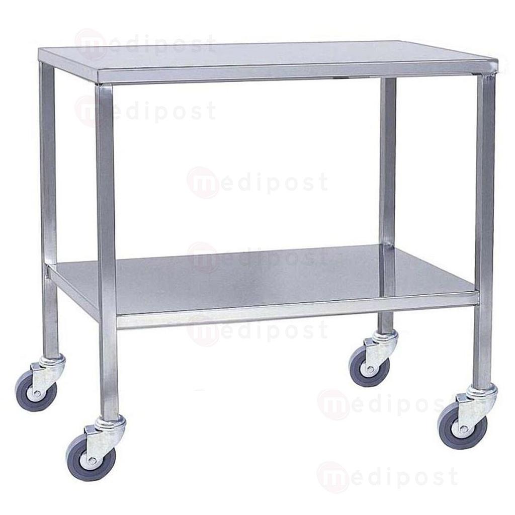 Verrijdbare instrumententafel met 2 gelaste plateaus van 75x50 cm en 2 zwenkwielen met rem