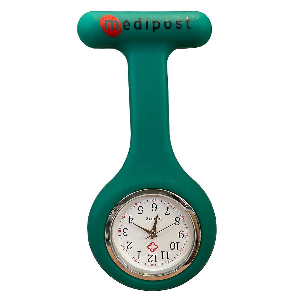 Montre à aiguilles verte avec clip pour infirmière