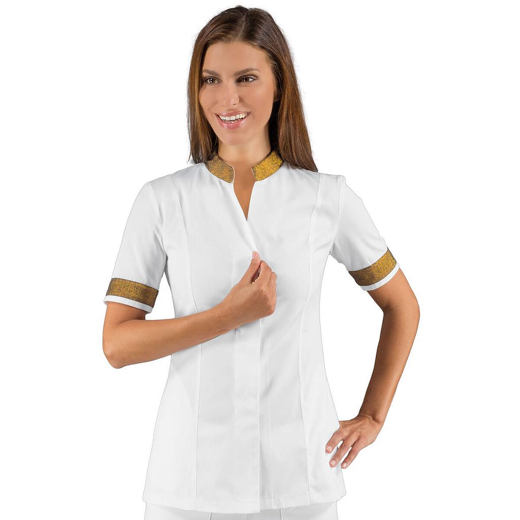 Tunique 3/4 femme Hibiscus blanc et or à boutons