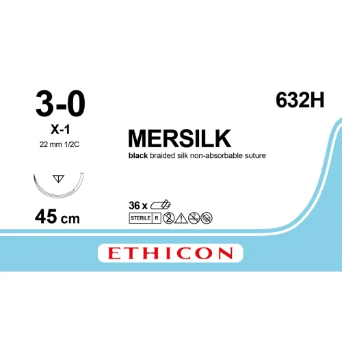 Fil de suture Mersilk® 3-0, X-1, 22 mm, 1/2 cercle triangulaire, 45 cm noir - Boîte de 36 fils