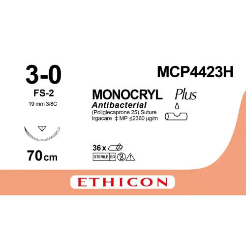 Fil de suture MONOCRYL® Plus 3-0, FS-2, 19 mm, 3/8 triangulaire, 70 cm violet