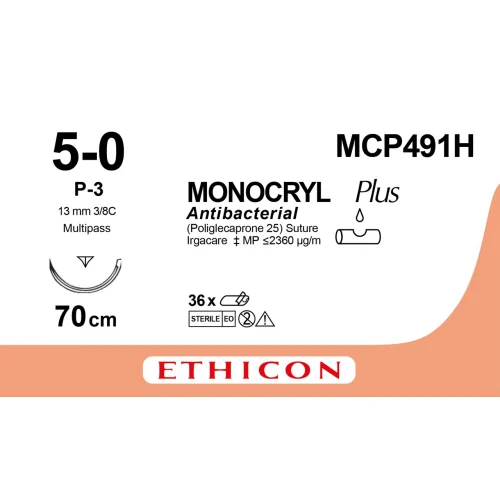 Fil de suture MONOCRYL® Plus 5-0, P-3, 13 mm, 3/8 triangulaire, 70 cm non teinté