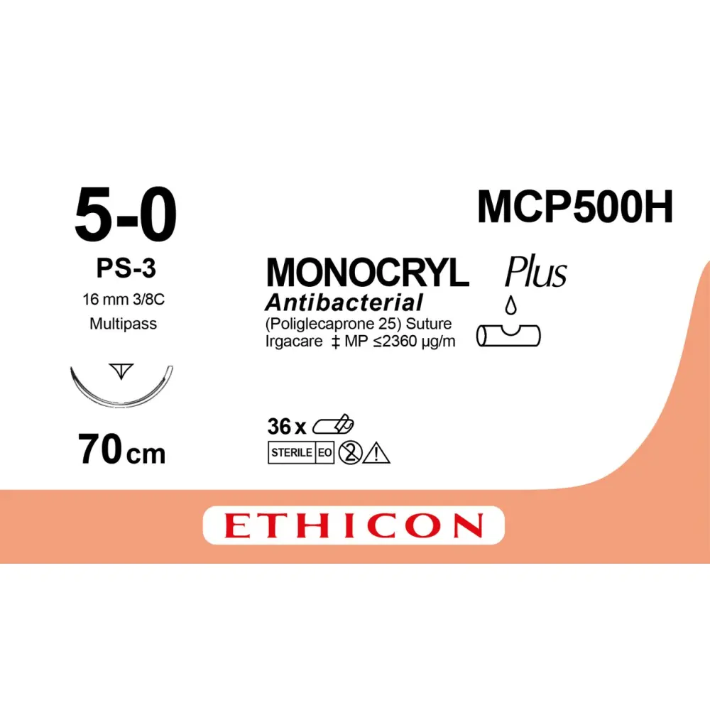 Fil de suture MONOCRYL® Plus 5-0, PS-3, 16 mm, 3/8 triangulaire, 70 cm non teinté