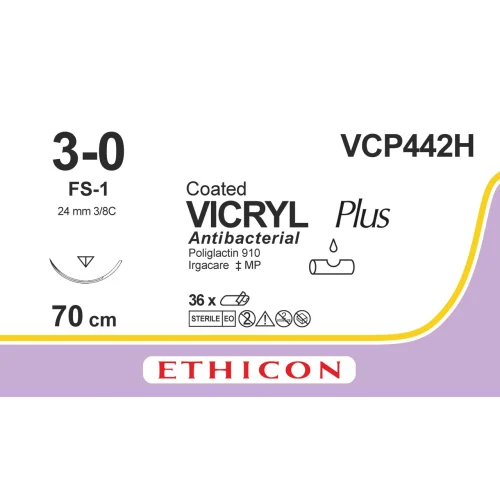 Fil de suture VICRYL® Plus 3-0, FS-1, 24 mm, 3/8 triangulaire, 70 cm incolore